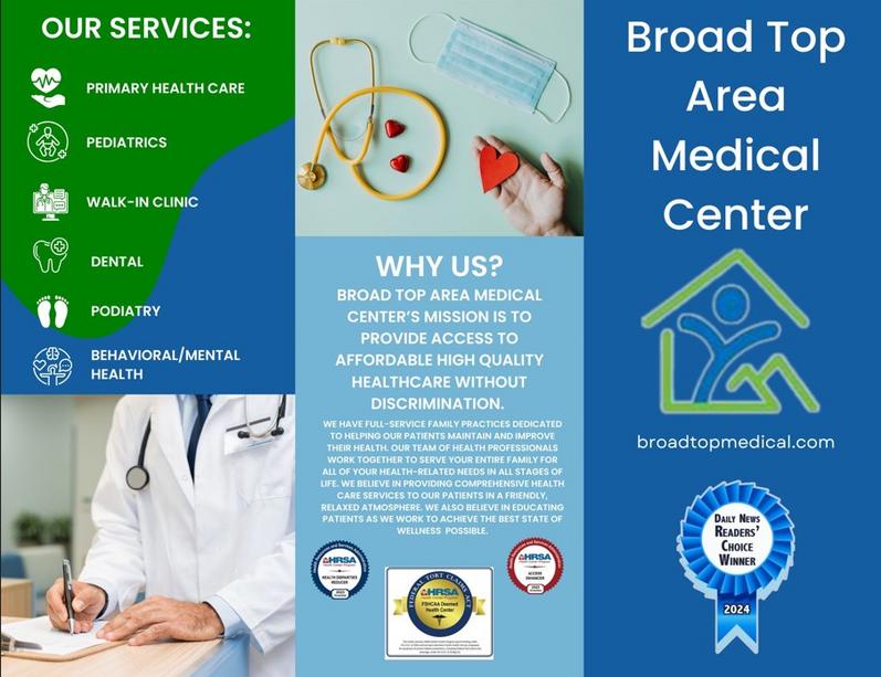 Broad Top Area Medical Center Services Brochure detailing medical, dental, and behavioral health services